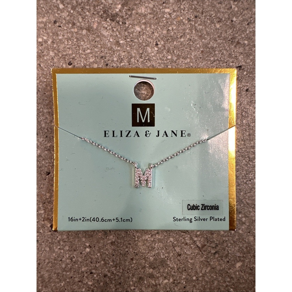 Eliza & Jane Initial "M" Sterling Silver Plated Chain 16"+2in Necklace Cubic Zir